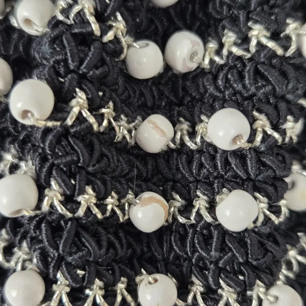 Vintage Drawstring Bag Mad Men 1950s Evening Purse Black Tie White Beaded Silver